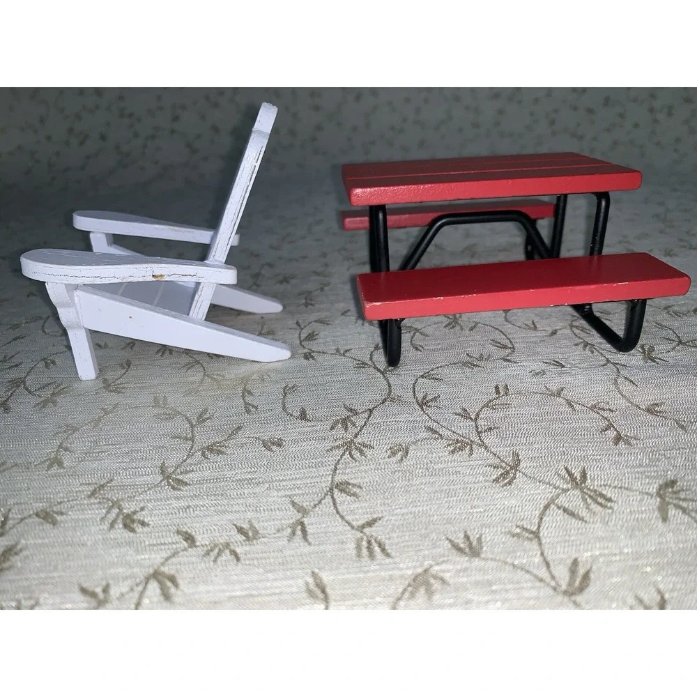 Dollhouse Picnic Furniture Outdoor Red Wood Picnic Table, Adironback Wood Chair